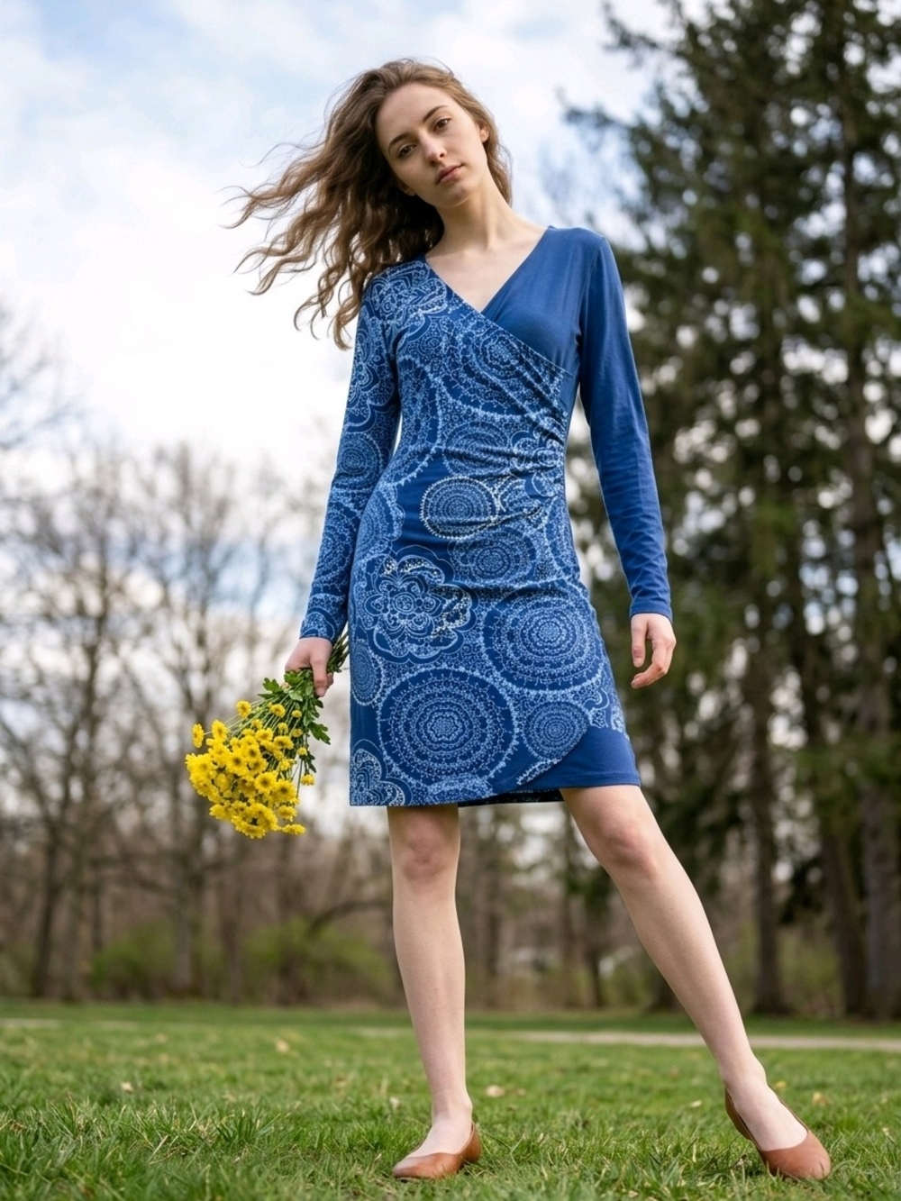 Kuhl 100% Organic Cotton Blue Printed Wrap-Front Long Sleeve Dress